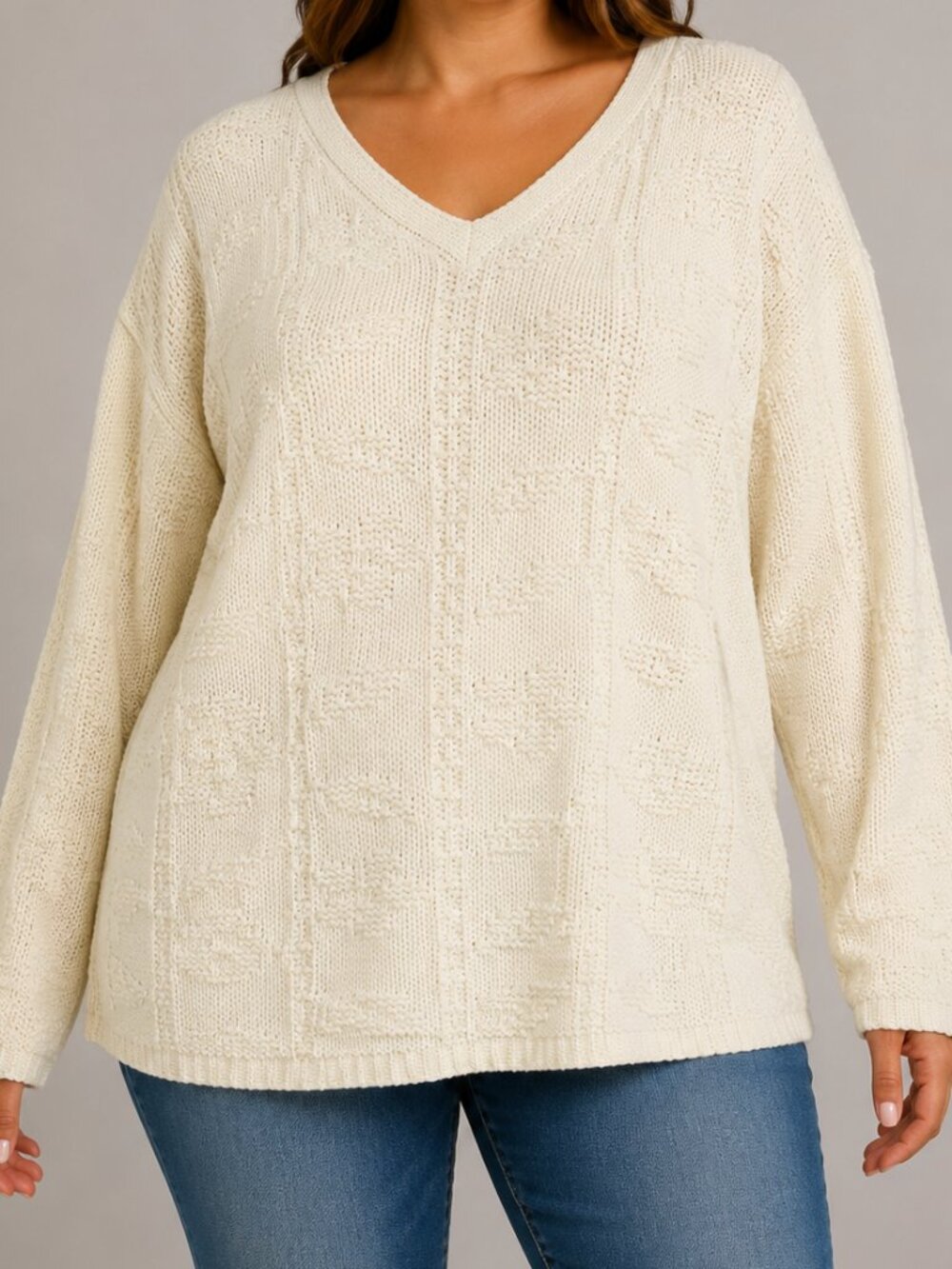 Bobbie Brooks Woman Cream Textured Knit V-Neck Sweater Estimated XL Made in USA